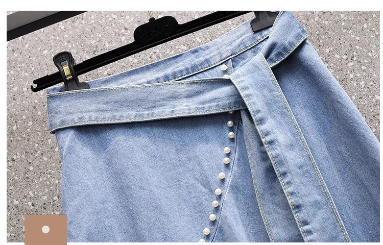 EHQAXIN Women's Casual Denim Skirt 2024 Summer New Simple Irregular Lace-Up Beaded Loose Denim Skirt Ladies Fashion Youth L-4XL - reetell