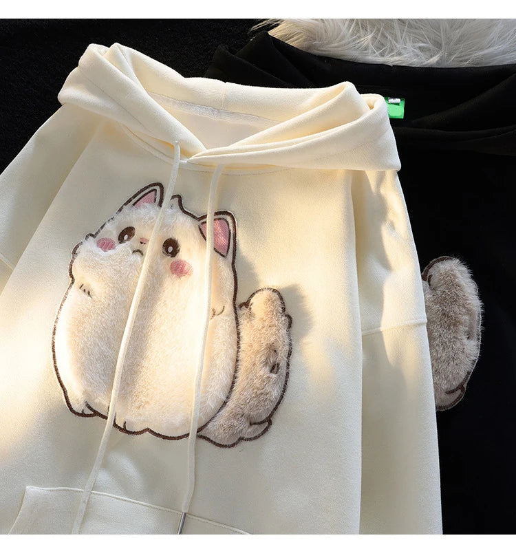 2023 Spring Autumn Female Couples Clothes Cartoon Embroidery Lovely 3D Cat Print Pullover Hoodies Women Sweatshirt Hooded Coat - reetell