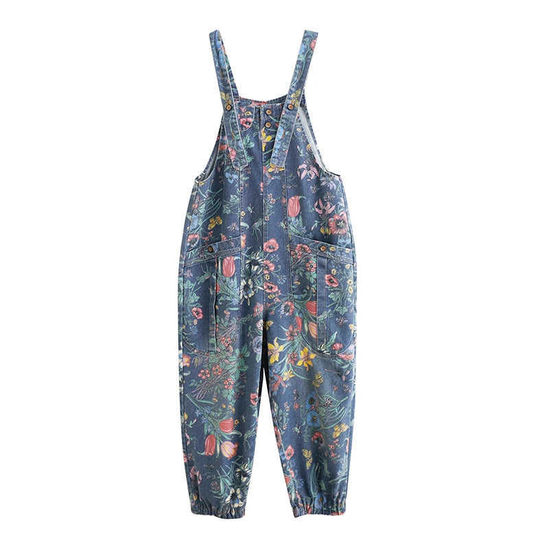 Fashion Streetwear Print Floral Denim Jumpsuit Women Casual Loose Wide Leg Pants Rompers Big Size Pockets Straps Jeans Overalls