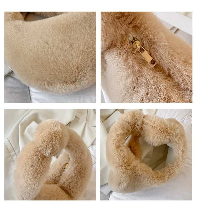 Fur Women's Small Half Moon Bag Luxury Warm Plush Wrist Bags for Women Fashion Furry Short Handle Clutch Cute Ladies Coin Purses