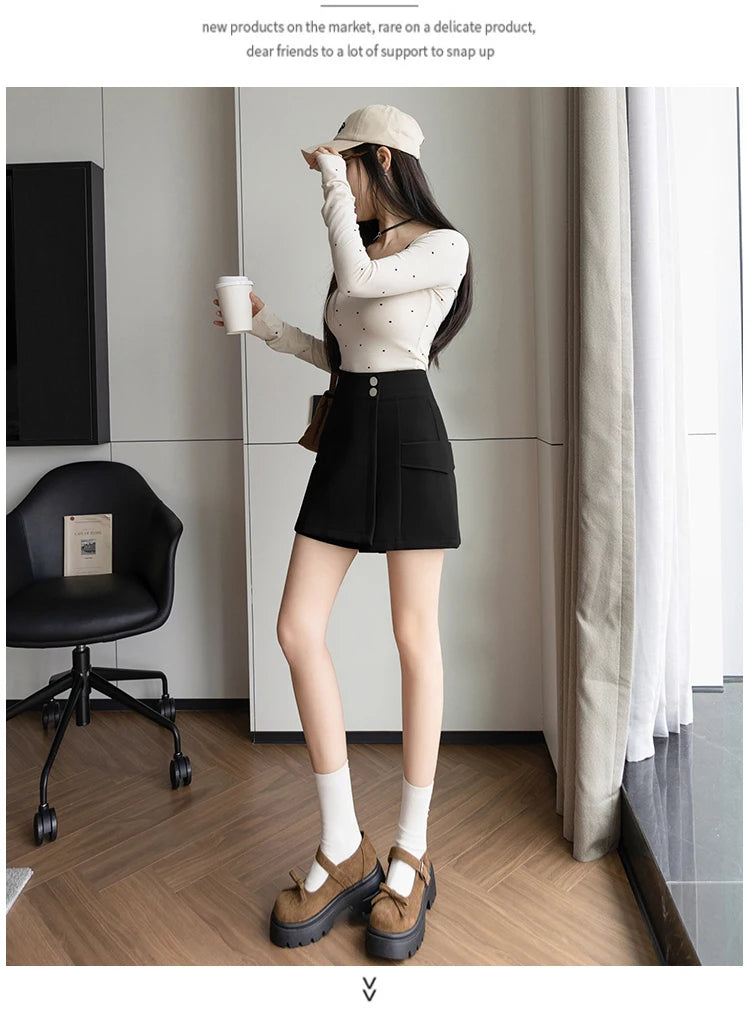 Fashion New Autumn Casual Womens Shorts Slim Black Coffee Shorts Women Spliced High Waist Short Mujer Shorts for Women B56 - reetell