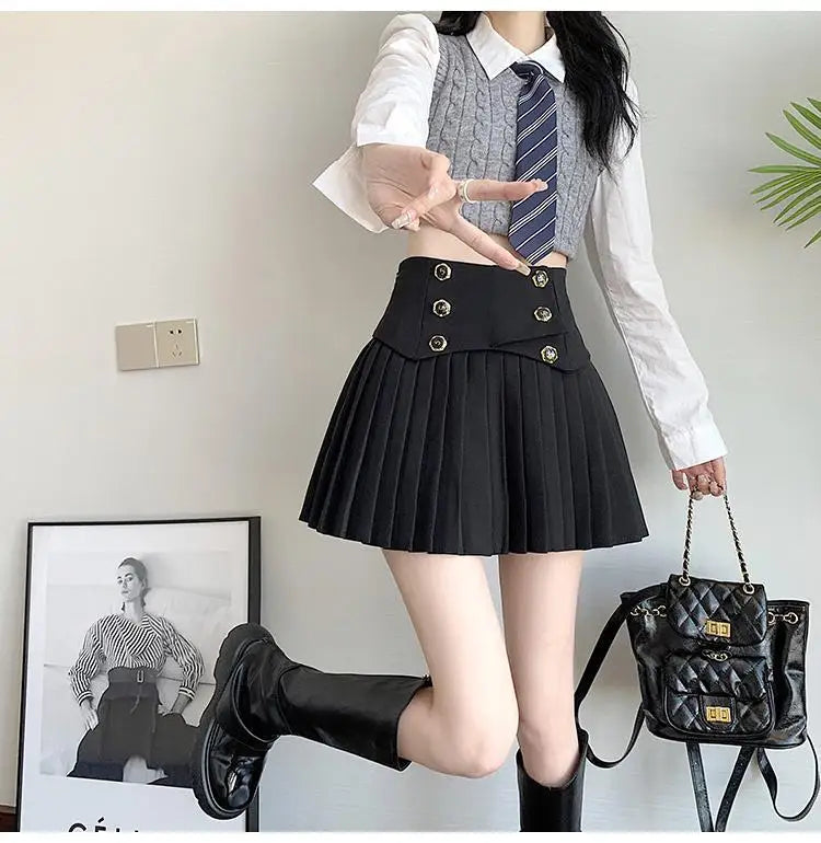 Pleated Skirt New Spring Autumn All-match Buttons Solid Color High Waist A-line Skirt Femme Preppy Style Pleated Trend Skirts - reetell