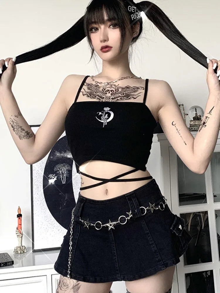 Gothic Women's Print Suspender Sleeveless Square Neck Slim Crop Top Sexy Halter Bottoming Shirt  Girls Party Wear - reetell