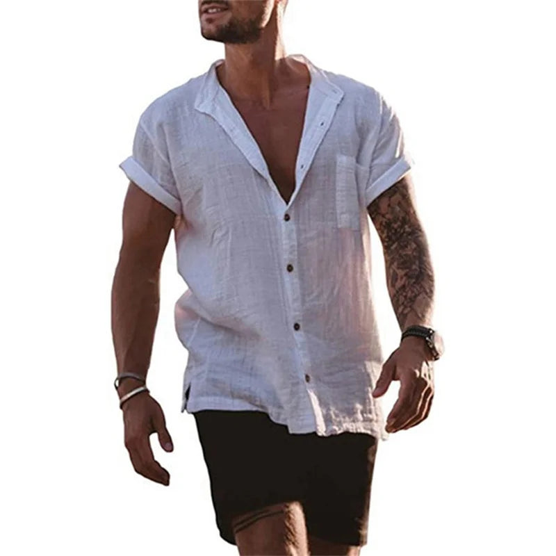 Cotton Linen Hot Sale Men's Short-Sleeved Shirts Summer Solid Color Stand-Up Collar Casual Beach Style Plus Size