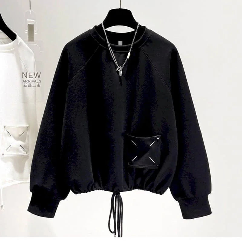 Design Pocket Pullovers Women Short Hem Drawstring Tops Spring Autumn Trend Pullover Korean Style Fashion Loose Sweatshirt Woman - reetell