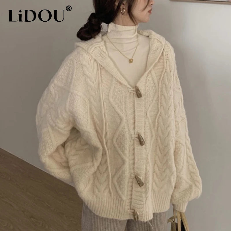 Autumn Winter New Solid Color Fashion Long Sleeve Sweater Women High Street Casual Loose Jacquard Weave Button Thicken Cardigan - reetell