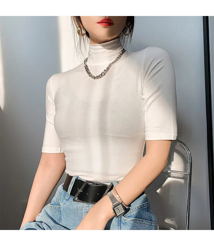 Basic Cotton T Shirt Women Turtleneck Slim Tshirt Short Sleeve T-shirts Female Casual Elasticity White Tee Shirt Femme Woman Top - reetell