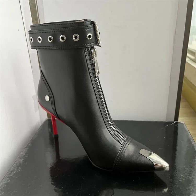 Belt Buckle Front Zipper Fashion Show Short Boots Women's Autumn Winter New Pointed Metal Decoration Red High Heels Ankle Boots