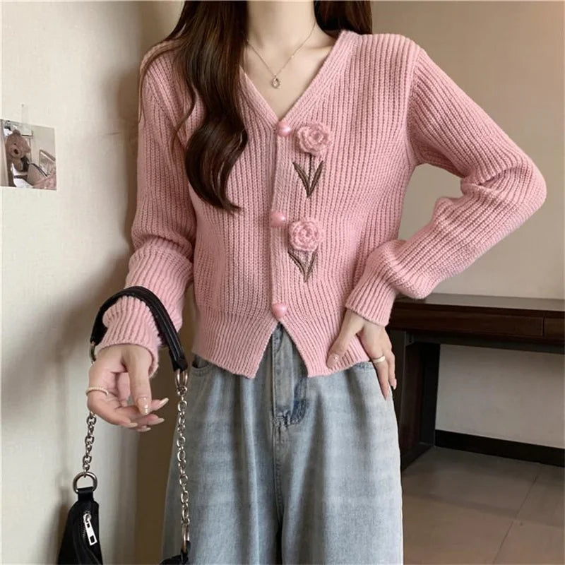 Heavy Industry Beautiful Flowers Knitted Cardigan Sweater Women Slim In Autumn And Winter With Small Cardigan V-neck Short Coat - reetell