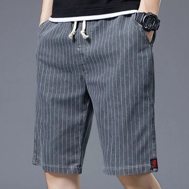 Summer Men Casual Striped Denim Shorts Koreon Streetwear Fashion Elastic Waist Baggy Male Thin Beach Sports Knee Length Jeans - reetell