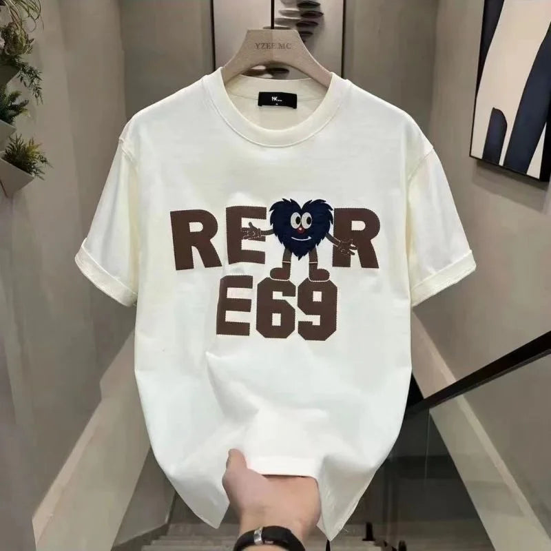 2024 Summer Korean Version Loose Casual Oversized Comfortable and Breathable Round Neck Printed Short Sleeved T-shirt for Men - reetell