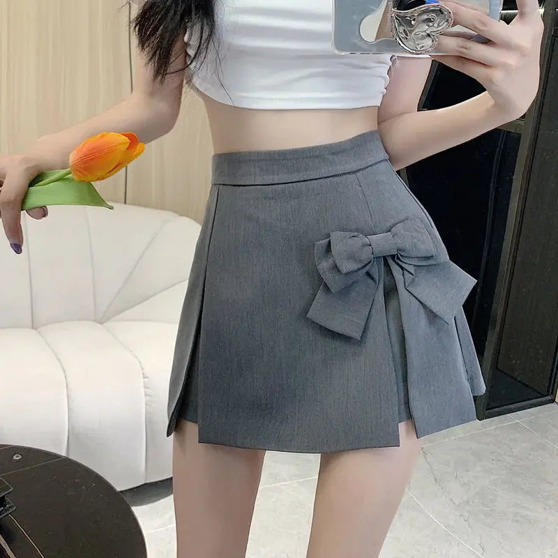 Zoki Cute Bow Women Sexy Pleated Skirt Janpan Sweet High Waist Student A Line Mini Skirt Summer Zipper Female Solid Color Skirt - reetell