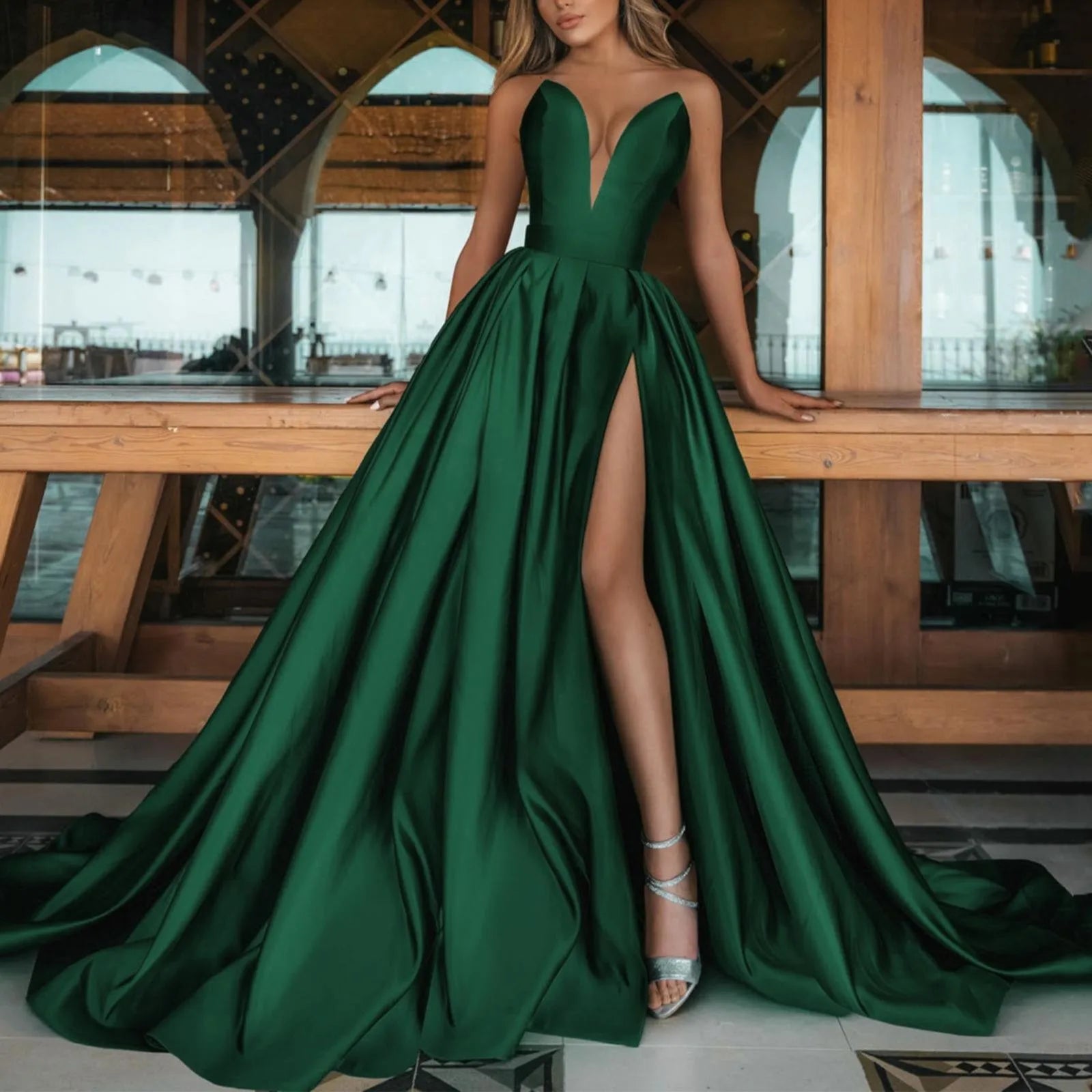 Off Shoulder Prom Ladies Dresses High Waist Slit Large Swing Party Dress Pure Color Long Gowns Evening Cocktail Dress Autumn - reetell