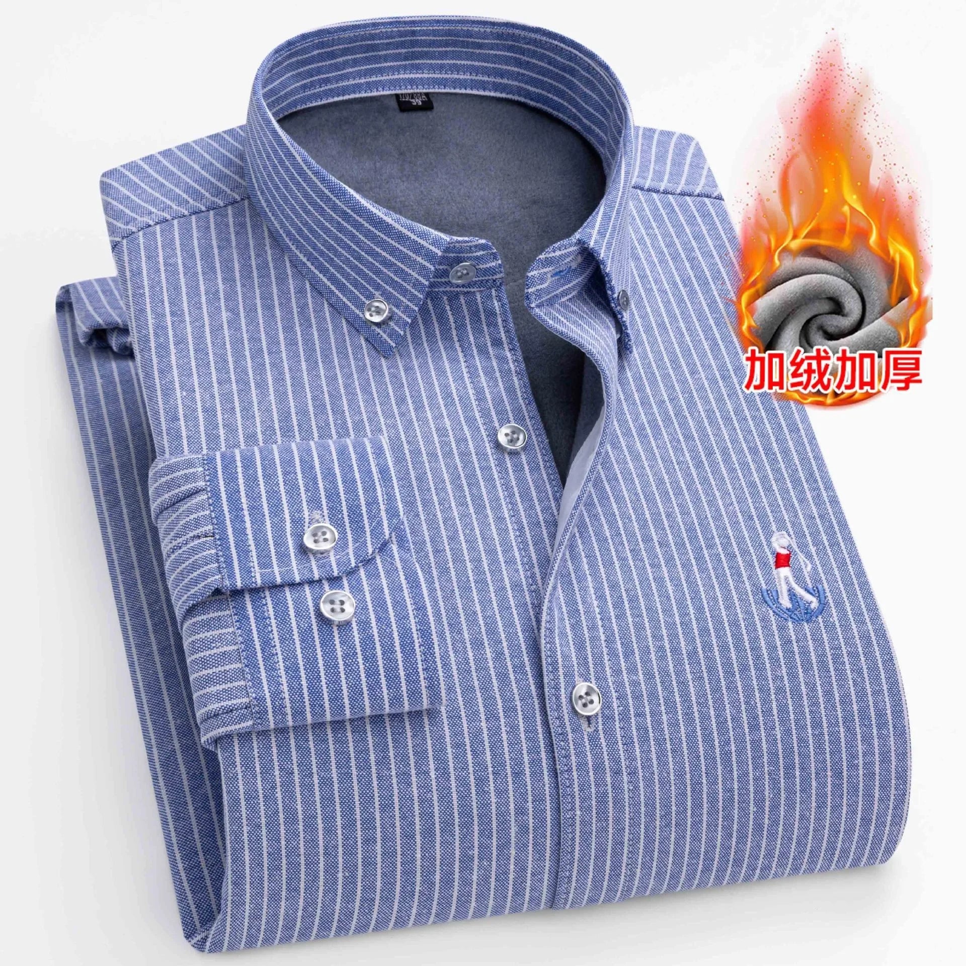 Autumn Winter Men's Striped Warm Non-ironing Long Sleeve Fleece Thickened Oxford Spinning Business Casual Shirts Men's Clothing