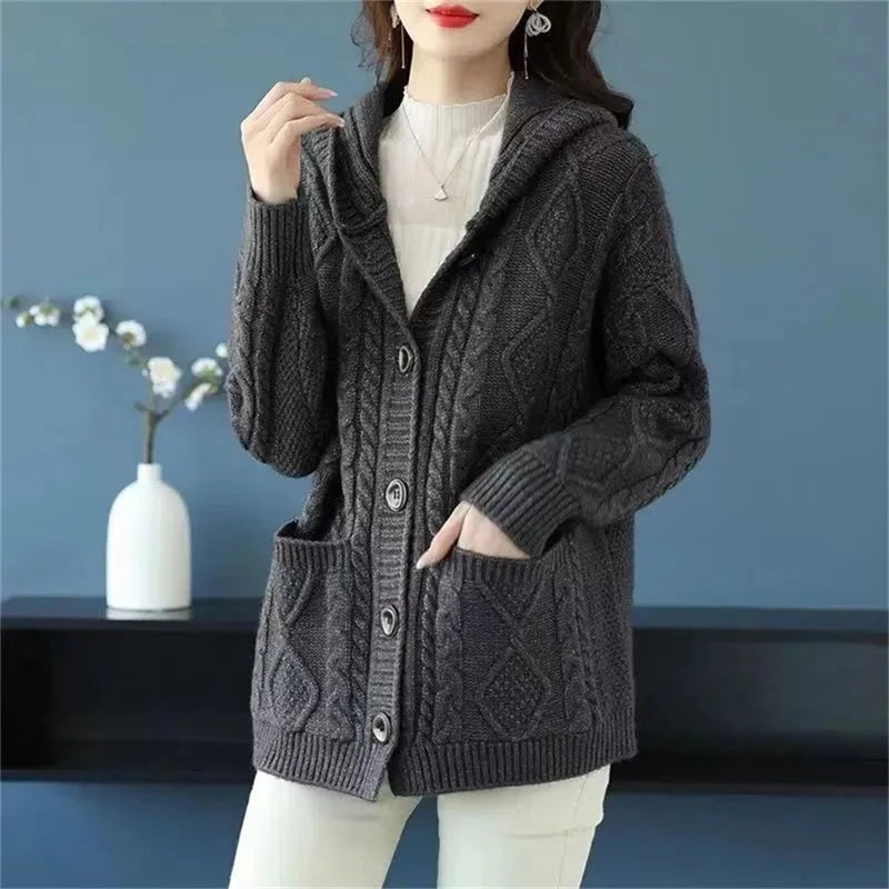 Hooded Sweater Spring And Autumn Mother Sweater Jacket Female Jacket 2023 New Loose Pocket Zipper Knitted Cardigan Mom HoodyCoat - reetell