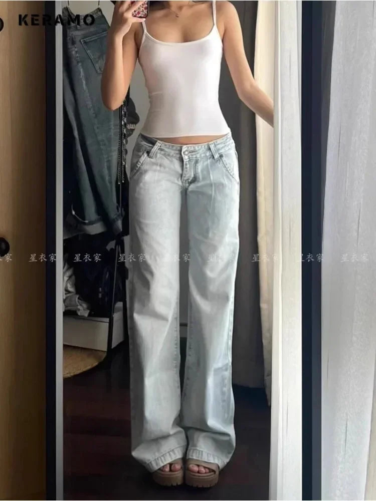 Light Blue Low Waist Jeans Woman Streetwear American Vintage Denim Pants Female Casual Washed Straight Pantalons Mujer Fall 2024 - reetell