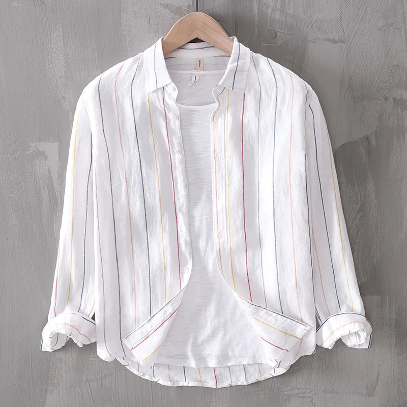 Spring Summer New Striped Dress Men's Linen 100% Pocket Business Casual Shirts For Men High Street Loose Thin Clothes Tops