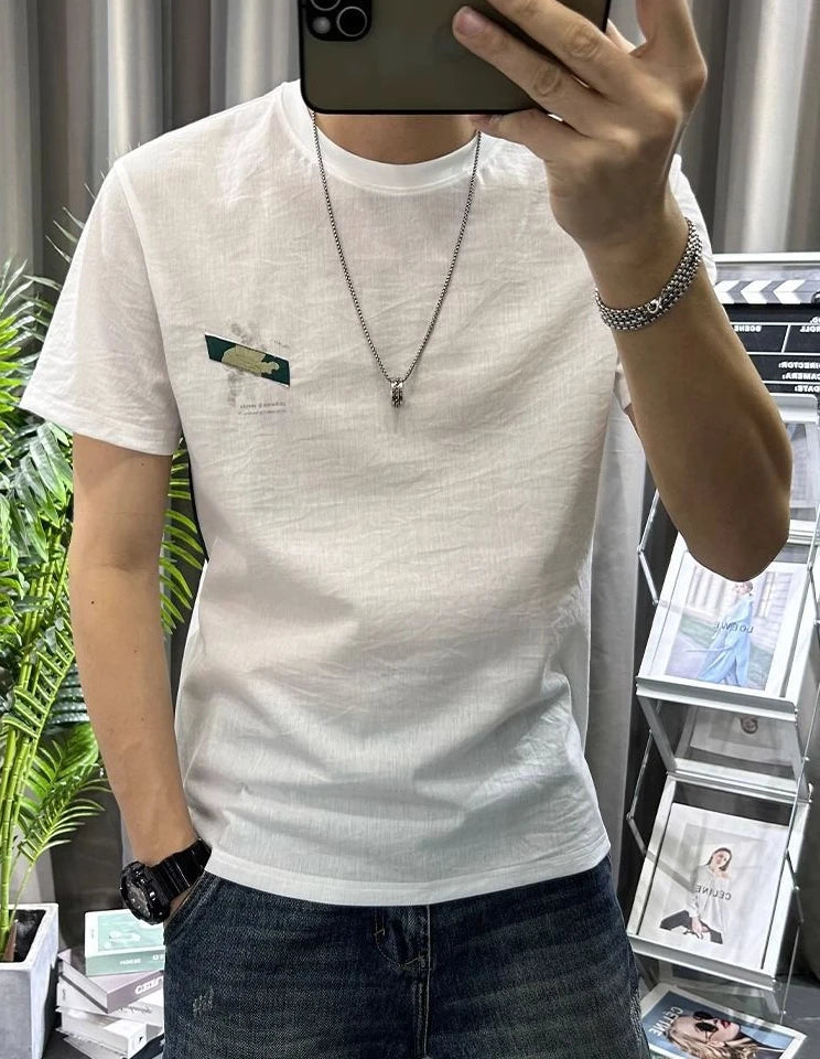 Male Tees Shirts White Linen Tops Katoen Print Men's T-shirt Graphic Streetwear Korean Popular Clothes Basic Wholesale Harajuku - reetell