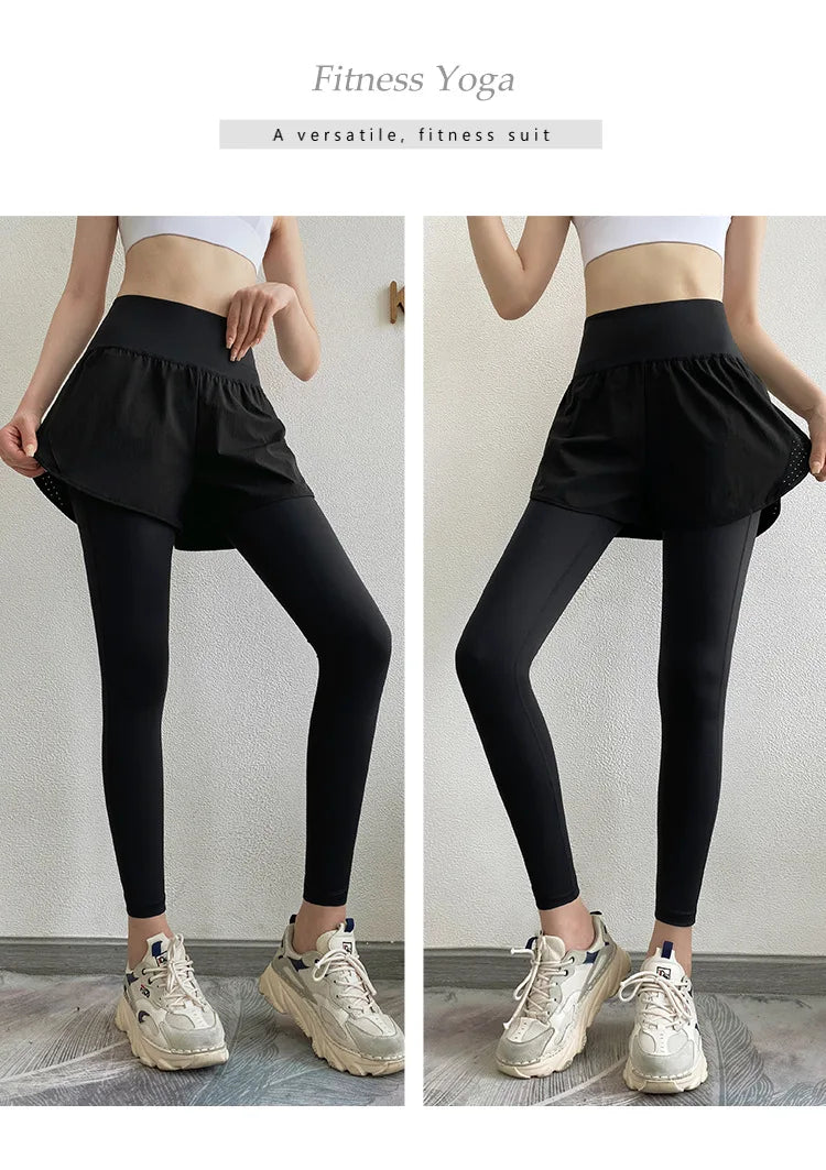 Women Gym Yoga Pants Fake 2 Pieces Sports Pants With Shorts Quick Dry Outdoor Fitness Training Workout Running Tights Leggings - reetell