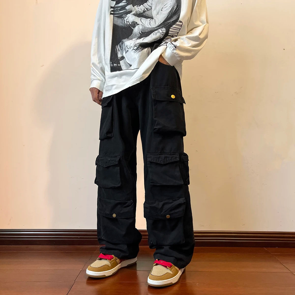 2023 Men Cargo Pants Multi-Pockets Tool Pants Harajuku Mens Vintage Loose Wide Leg Pants Streetwear Casual Hip-Hop Trousers