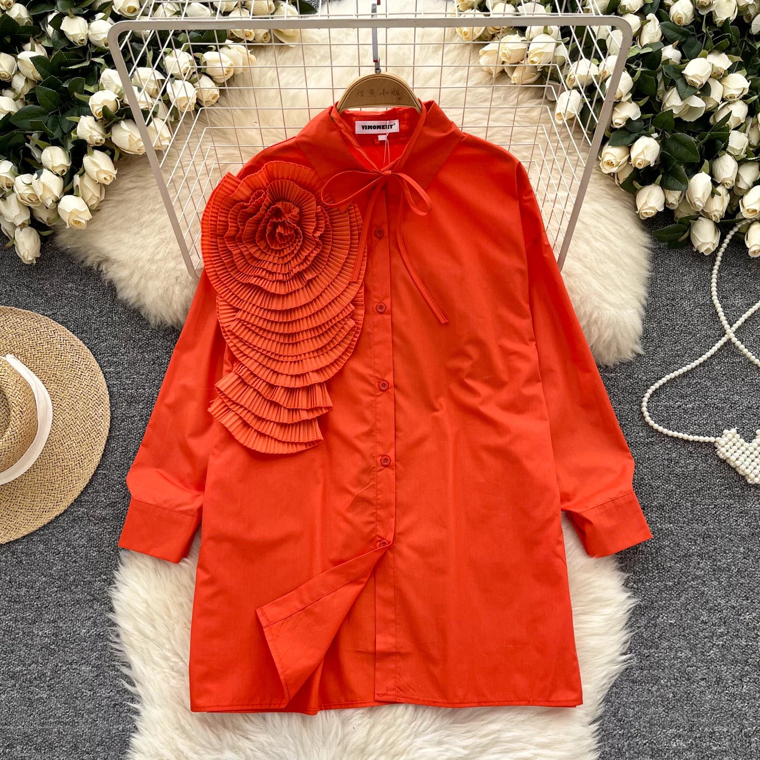 Chic Three-dimensional Floral Women Vintage Turn-down Collar Basics Long Sleeve Top French Streetwear High Street Autumn Blouse - reetell