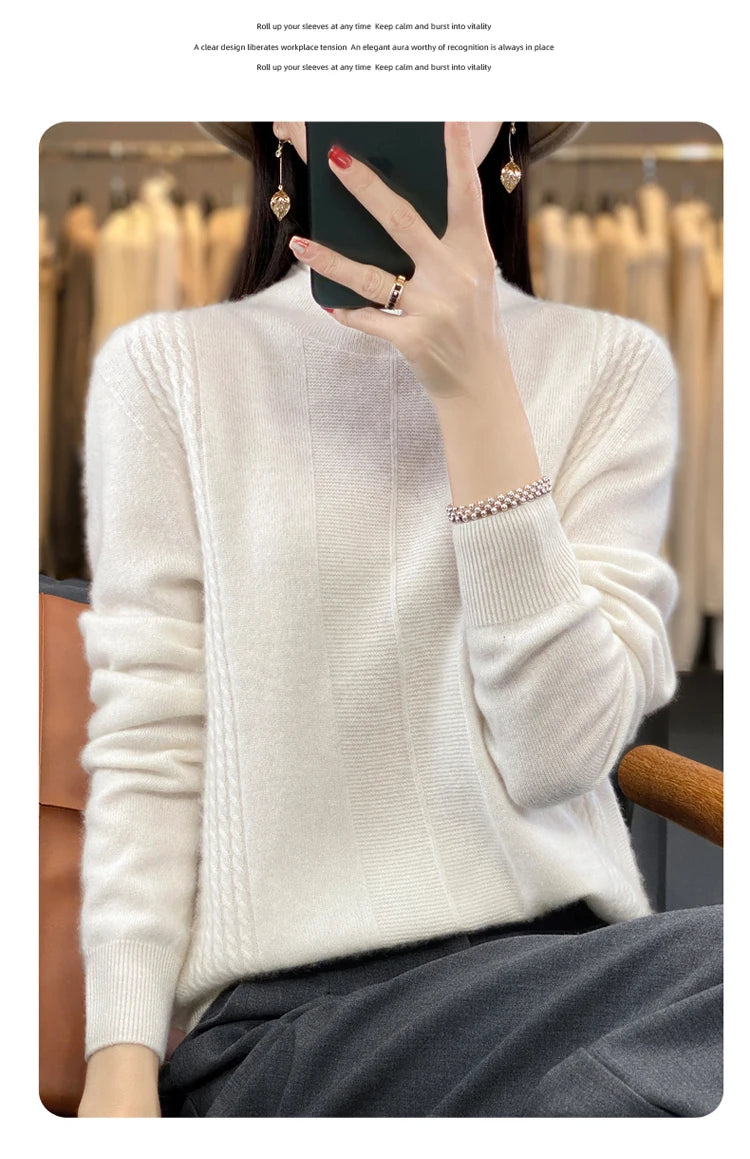 2024 Autumn Winter Women 100% Merino Wool Sweater Striped O-Neck Pullover Knitwear Casual Undershirt Cashmere Clothing Tops - reetell