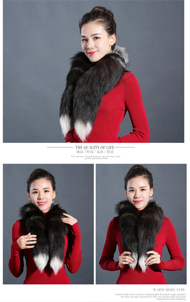 Genuine natural fox fur scarf furry classic Drawstring fox tail Winter Women Men Natural Fur Collar Neck Warmer fur collar 90 cm - reetell