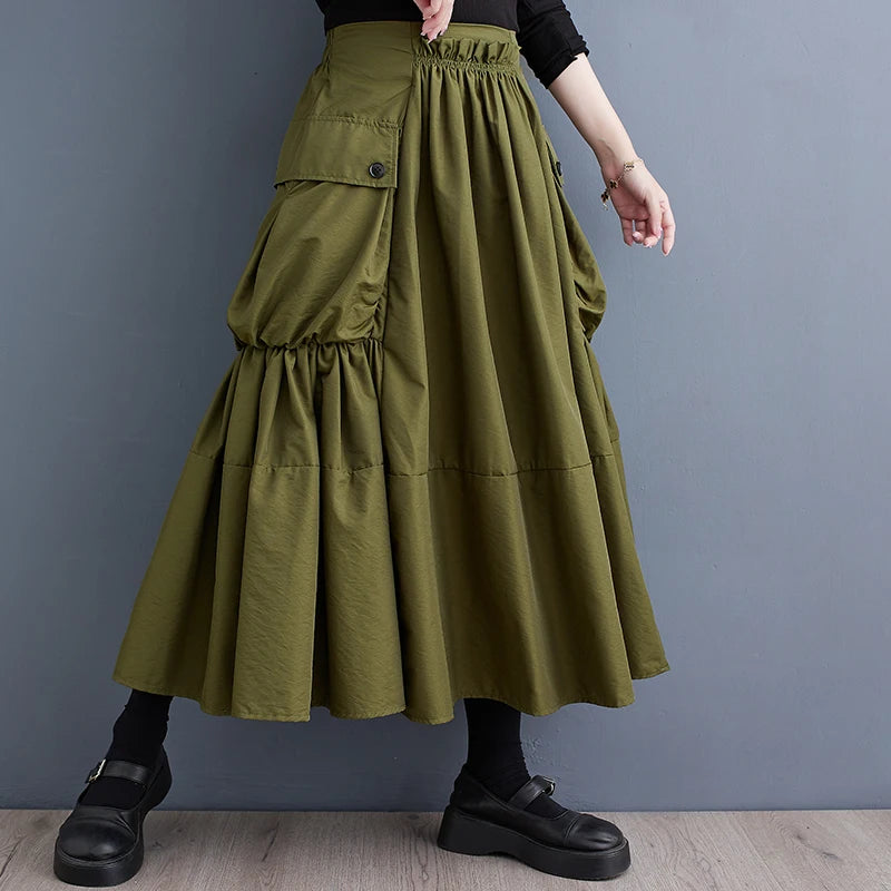 Oversized Spring Autumn Cargo Midi Skirt Women Elastic High Waist Fashion Ruffle Pleated Ladies Skirts Loose Casual Woman Skirt - reetell