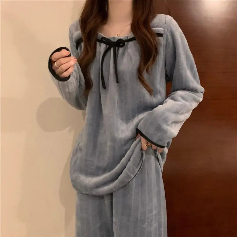 Coral Fleece Pajamas Sets for Women Autumn Winter Thick Warm Sweet Long Sleeve Sleepwear Nightgown Pijama Suit Mujer Homewear