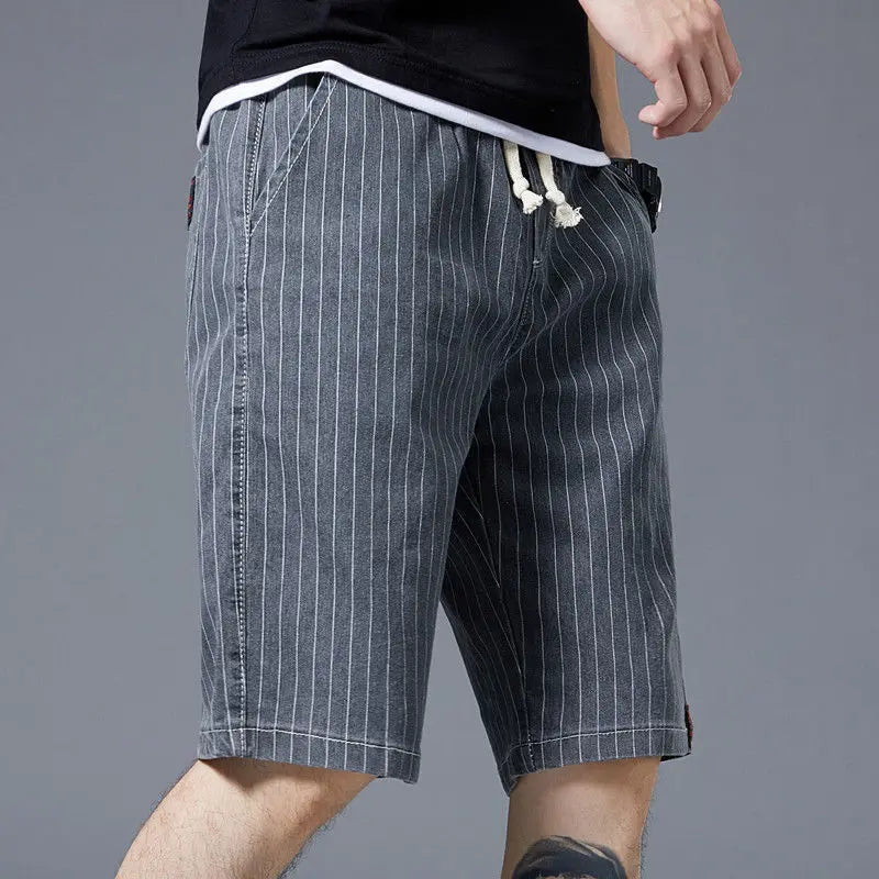 Summer Men Casual Striped Denim Shorts Koreon Streetwear Fashion Elastic Waist Baggy Male Thin Beach Sports Knee Length Jeans - reetell