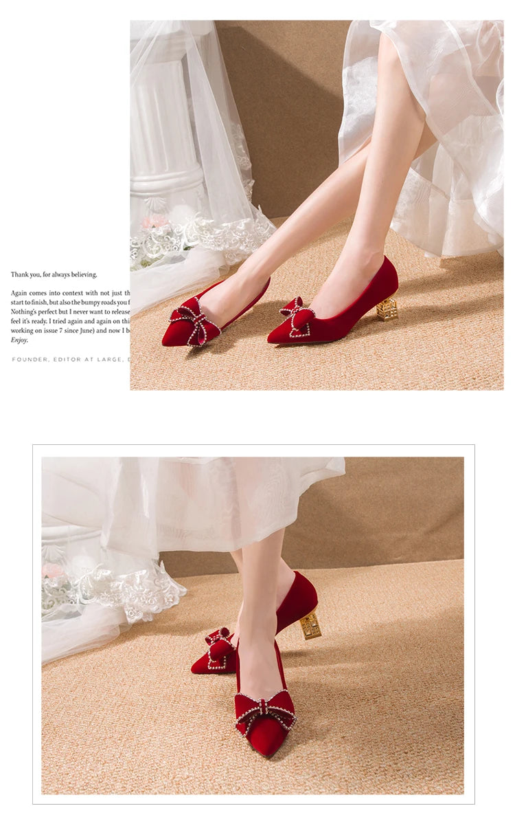 Autumn New Ladies High Heels Pointed Toe Shaped Heel High 5cm and 7cm Wedding Shoes Square Buckle Travel Banquet Shoe High Heels