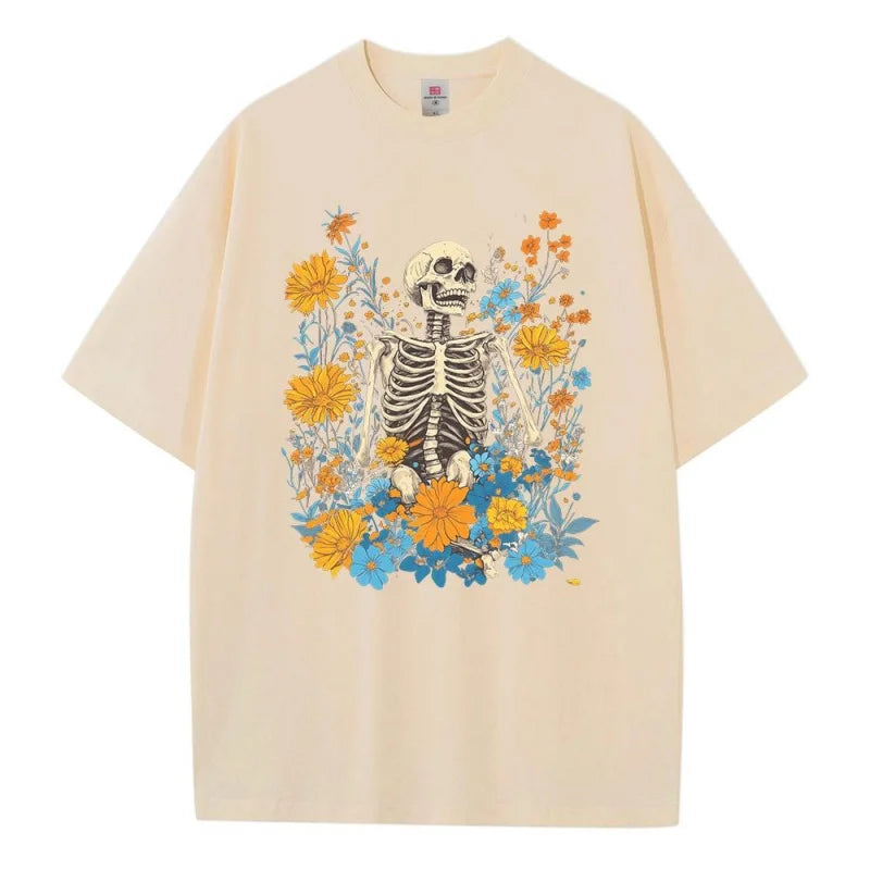 T shirt baggy style pure cotton drop shoulder unisex tops Garden Centre skeleton vintage graphic t shirts breathable print