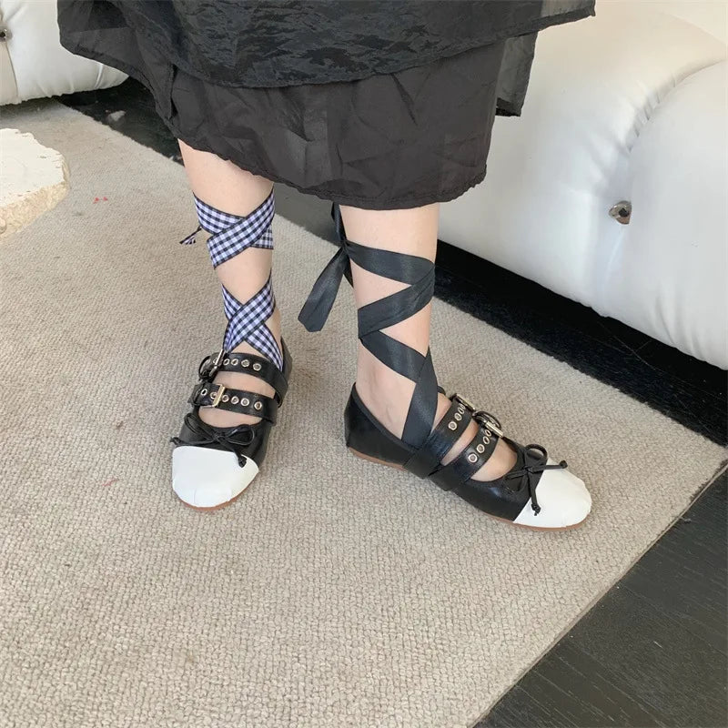 Women Flats Female Ballet Punk Doll Riband Shallow Bow Tie Sandals Ladies Fashion Desigh Sweet Retro Round Toe Buckle Cozy Shoes