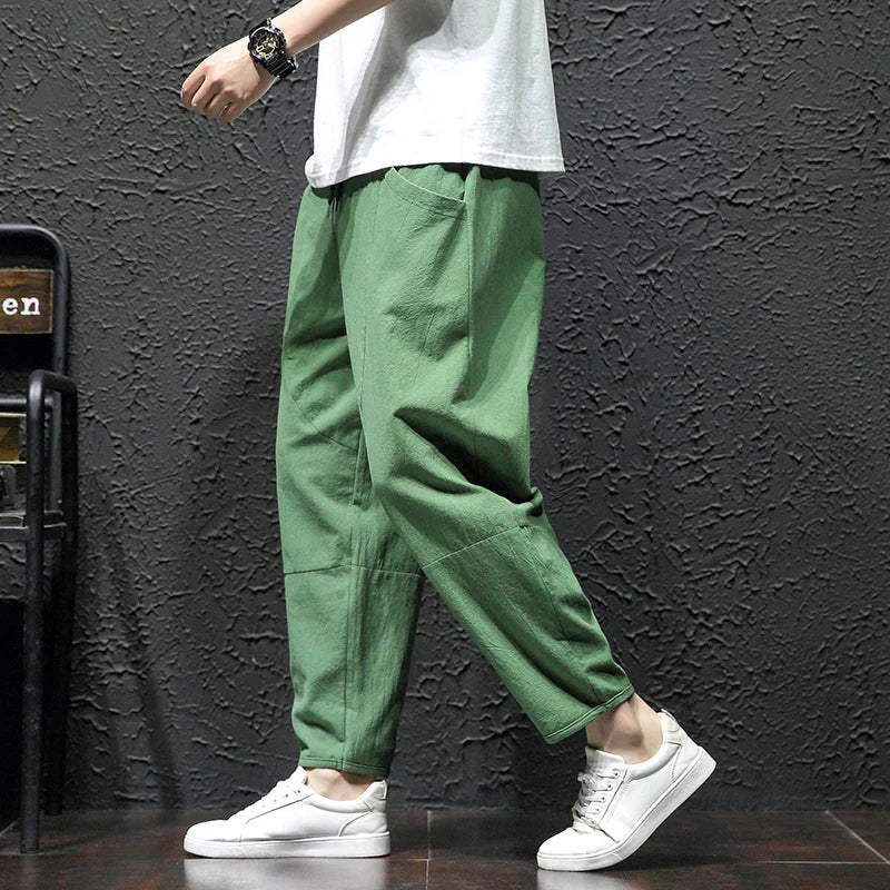 100% Cotton Ankle Length Pants Summer Casual Pants Man Trendy Japanese Loose Pants Men - reetell