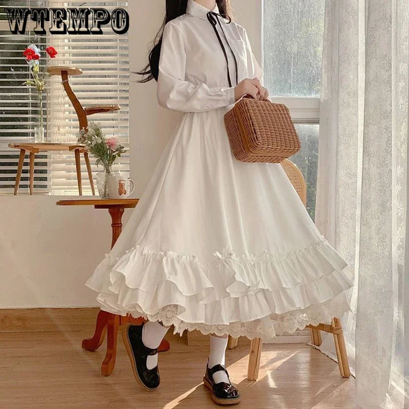 WTEMPO Japanese Solid Color Double Layer Vintage French Ruffled A-line Skirts Female Hepburn Style Black White Long Lolita Skirt - reetell