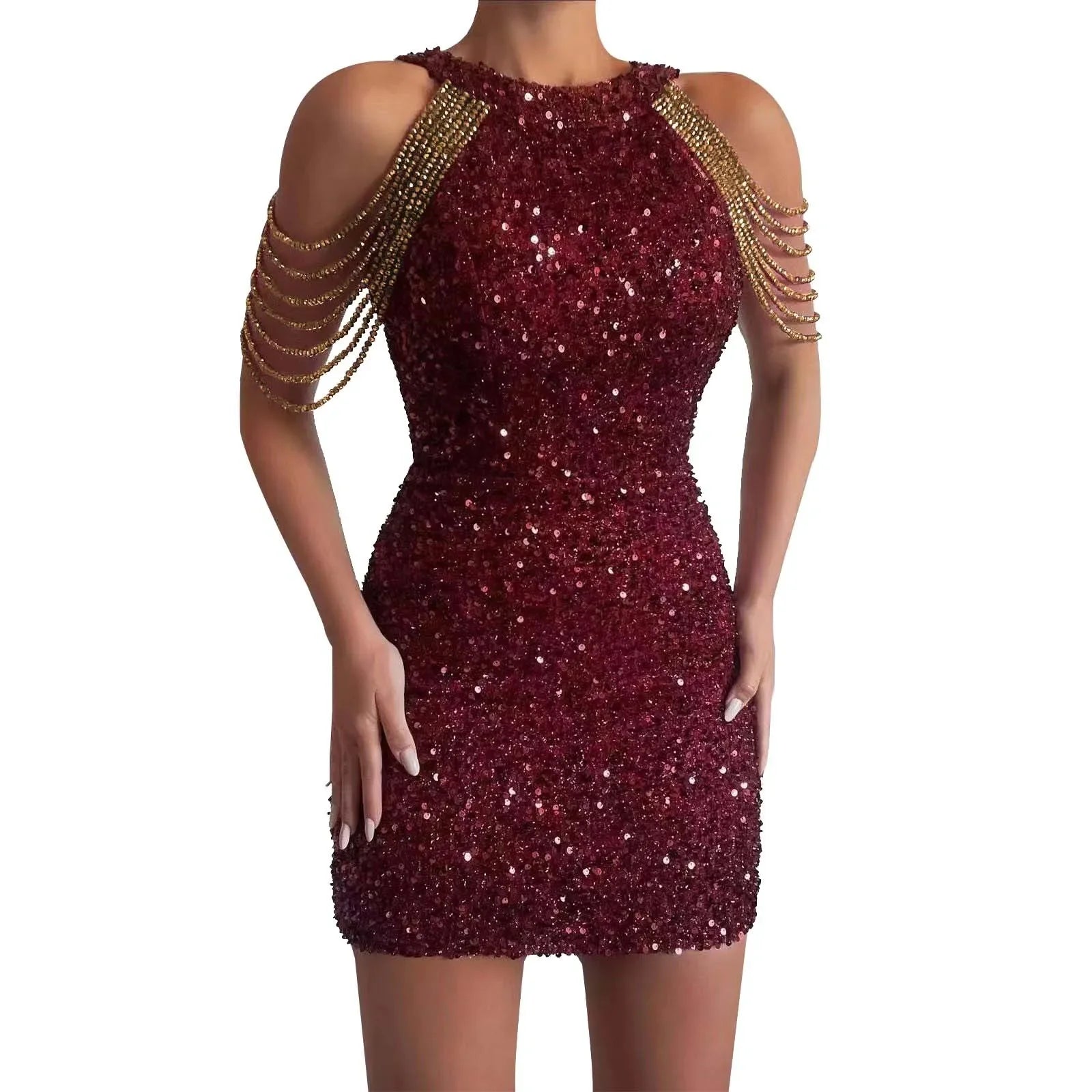 Spring Party Club Evening Short Dress Women Sexy Bodycon Tassel Mini Dress Hollow Out Off Shoulder Sleeveless Sequined Dresses - reetell