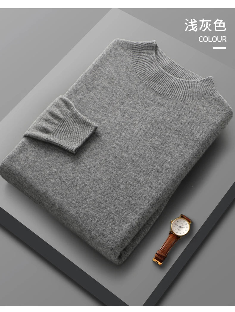 Spring Autumn 100% Merino Wool Pullover Sweater Cashmere Knitwear Men Mock-Neck Long-sleeve Basic Clothing Grace Tops - reetell