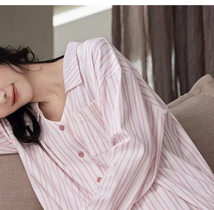 Striped Pajamasr Women Spring Autumn 2024 New Loungewear Cardigan Long Sleeved Cotton Sleepwear Lace V-neck Casual Homewear