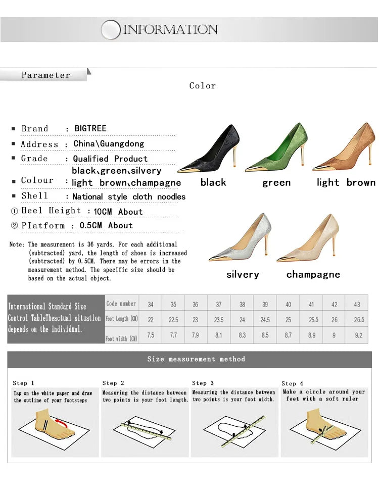 BIGTREE Shoes Metal Pointed End Women Pumps Silks Satins High Heels Ethnic Style Women Stilettos Heels 10 Cm Banquet High Heels