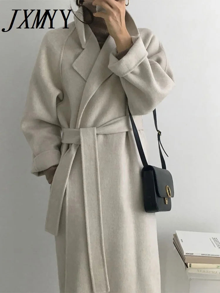 JXMYY French Lazy Style Warm Female Fresh Winter 2024 Classical Belt Retro Loose Women Woolen Coats Chic Casual Long Coat Long - reetell