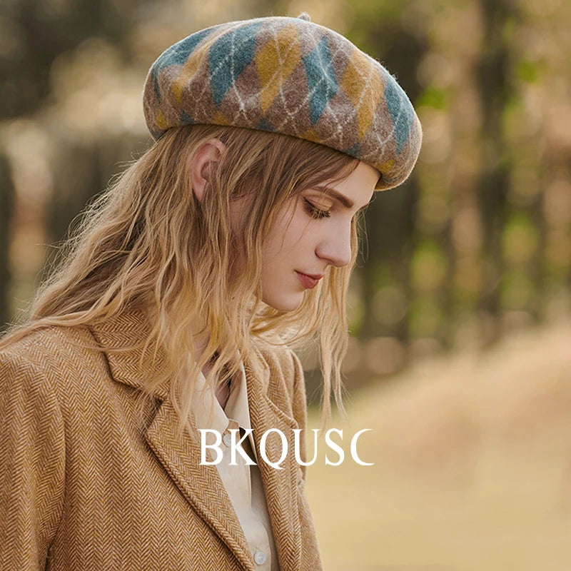 Beret Women Wool Classic Prismatic Check Cashmere Berets French Elegant Pure Wool Vintage Beret Woman Luxury Hats Winter Caps