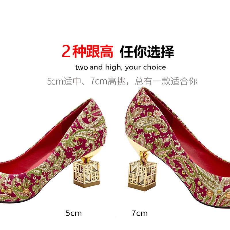 Autumn New Ladies High Heels Pointed Toe Shaped Heel High 5cm and 7cm Wedding Shoes Square Buckle Travel Banquet Shoe High Heels