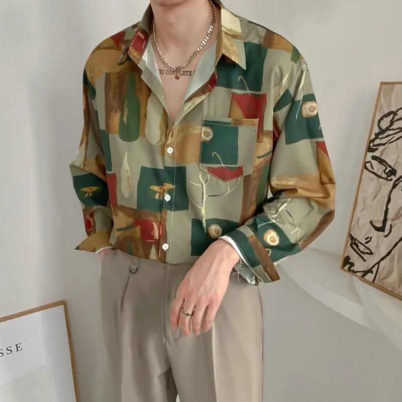 Men Summer Fashion Loose Design Sense Printing Shirt Tops Retro Oil Painting Harajuku Simple Casual Long-sleeved Shirt Daily - reetell