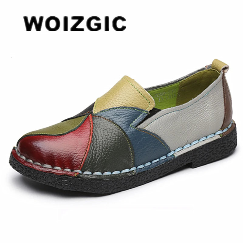 WOIZGIC Women's Ladies Female Woman Mother Shoes Flats Genuine Leather Loafers Moccasins Mixed Colorful Non Slip On Plus Size 42 - reetell