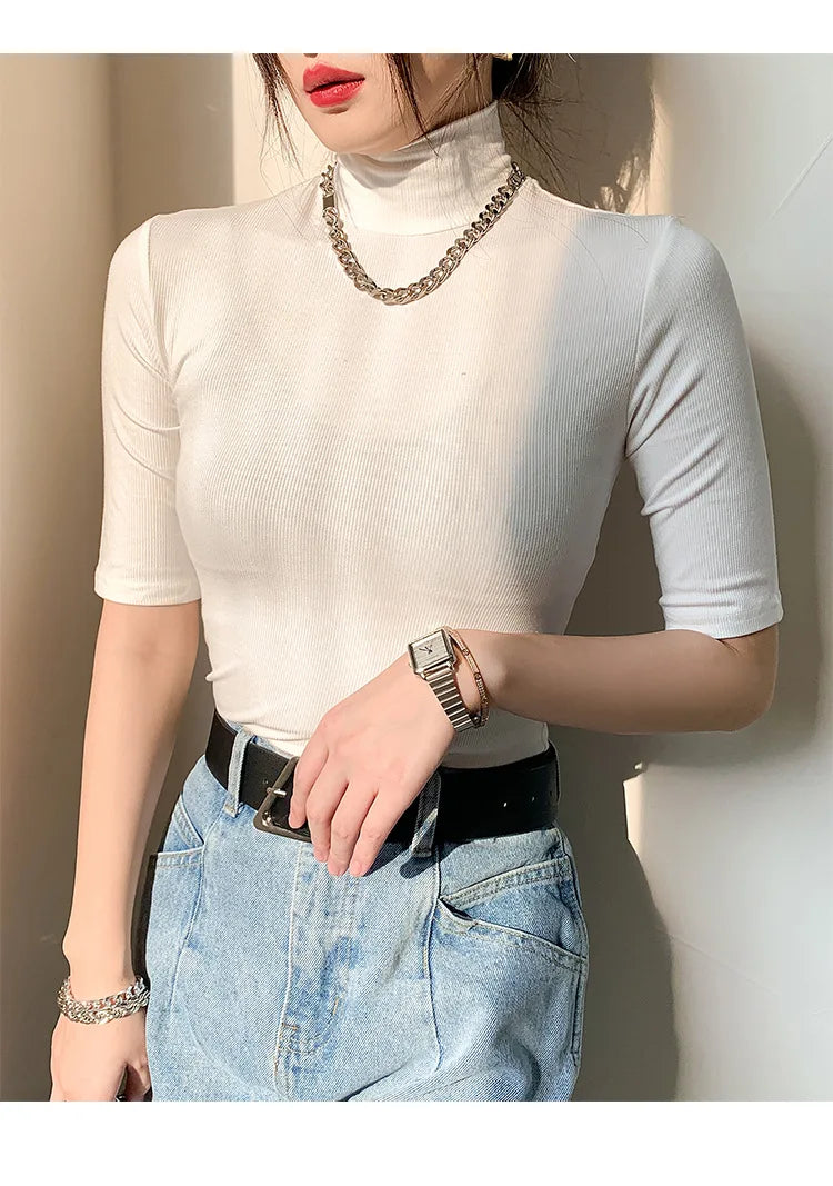 Basic Cotton T Shirt Women Turtleneck Slim Tshirt Short Sleeve T-shirts Female Casual Elasticity White Tee Shirt Femme Woman Top - reetell