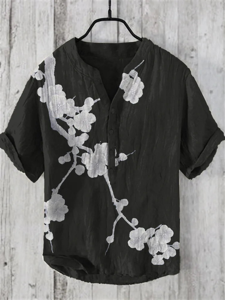 Henry Shirt - Men's 3D floral print short sleeved T-shirt, loose casual clothing top, buttons, new style