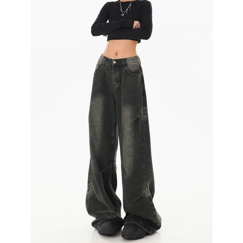 Deeptown Y2k Vintage Black Jeans Women Streetwear Baggy Denim Pants Wide Leg Harajuku Korean Trousers Goth Spring 2024 American - reetell