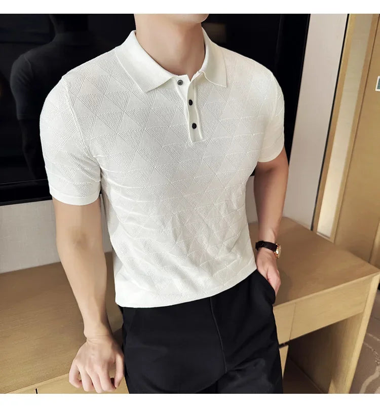 High-quality Men's Jacquard Polo Shirt, Business Casual Men's Solid Color Short-sleeved Top,  Geometric Pattern Men's T-shirt.