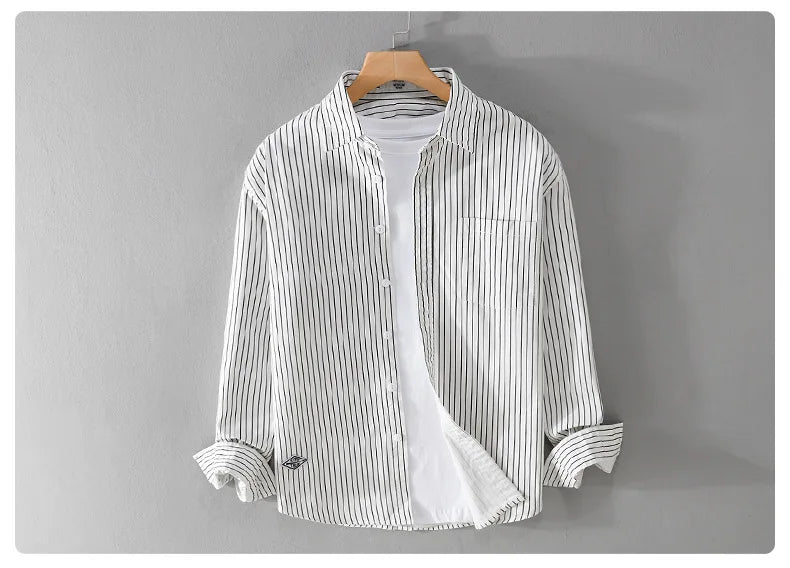 2024 Spring Autumn New Cargo Striped Long Sleeve Shirts for Men Clothing 100% Cotton Casual Soft Streetwear FY9678