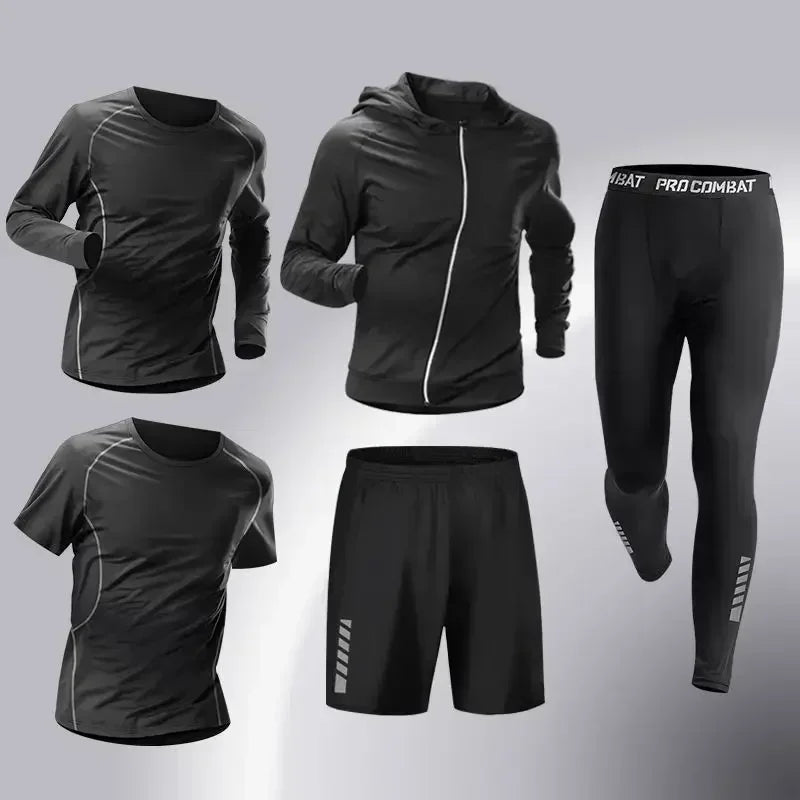 Fashion 3-5 PCS Mens Running Sportswear Set Fitness Jogging Compression Tracksuit Suit Training Sports Clothes Dry Fit Leggings